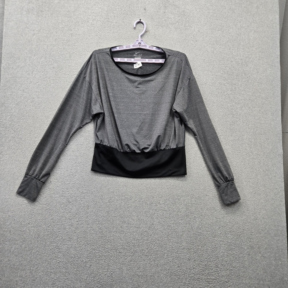 Nike Women Activewear Top M Gray Colorblock Dri Fit Cropped Mesh Long Sleeve